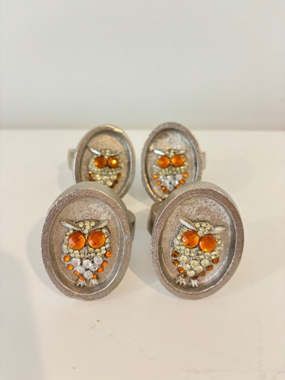Vintage napkin rings silver toned metal oval bezel detailed owl rhinestone FOUR